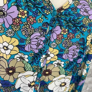 Eclair Floral Button Down Smocked Top Blue Size L thumbnail 2