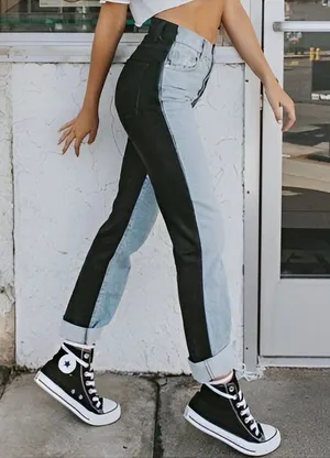 NWT REVICE High Rise Harlow Straight Leg Two-Tone Jeans in Black and Blue thumbnail 1