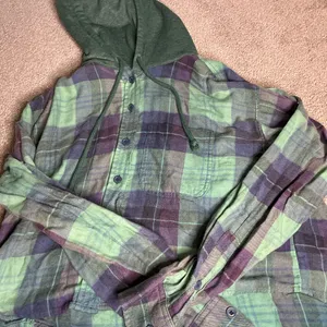 American Eagle women’s green and purple plaid flannel with hood thumbnail 1