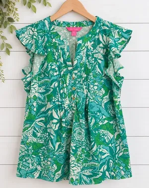 Lilly Pulitzer NWT botanical green ruffled top size small thumbnail 1