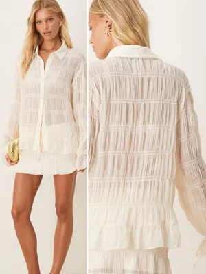 SNDYS La Louisiane Shirred Sheer Flare Sleeve Cream Button Front Top Sz M 💛🎀 thumbnail 2