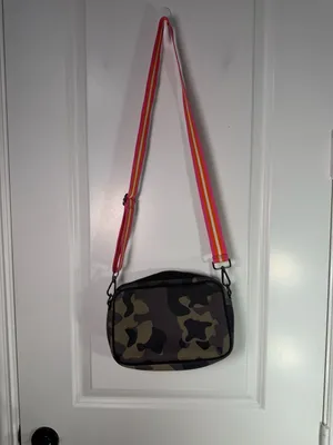 Neoprene Crossbody Bag Camo Green with Pink and Orange Striped Strap thumbnail 3