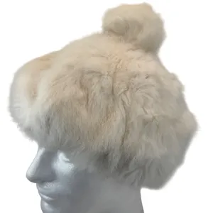 Vintage Rabbit Fur Hat Pom Beanie Cap Cream White Winter Ski Glam Y2K Luxe Fuzzy thumbnail 1