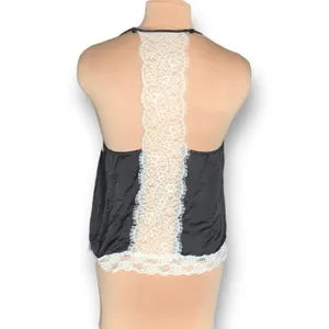 FT Black Satin Camisole Ivory Lace‎ Trim Adjustable Spaghetti Strap Large Top thumbnail 7