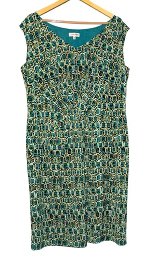 Jones Studio Green V-Neck Gathered‎ Front Geometric Midi Dress Womens 16W Retro thumbnail 1