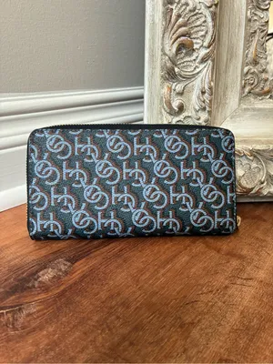 Coach Long Zip Around Wallet with Signature Monogram Print, Navy Blue / Gold thumbnail 10