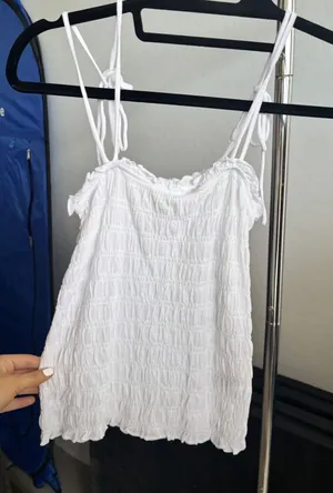White Smocked Cami Top Aerie Tie Shoulder Ruffle Ruched Tank Boho Summer S/P thumbnail 1