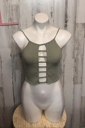 The Classic USA Ribbed Ladder Cutout Cami Crop Top Womens L Olive Sage Green thumbnail 1