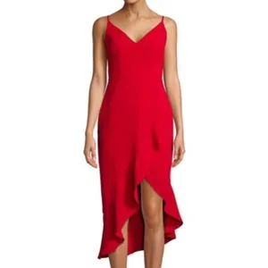 XScape Womens Asymmetrical Ruffle Midi Dress Size 4 Red Cocktail Wedding Guest Event thumbnail 9