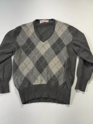 Belmondi Lamb and Angora Wool Gray & Cream Argyle V-Neck Sweater Size Small thumbnail 2