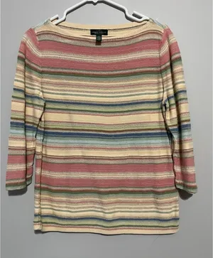 Ralph Lauren L Linen Blend Sweater 3/4 Sleeve Striped Multi Color L BOHO striped thumbnail 1