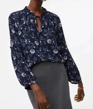 Loft Size L‎ Navy Floral Tie-Neck Blouse Long Sleeve thumbnail 1