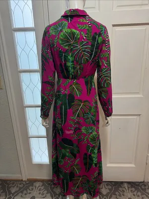 Farm Rio Boho Tropical Print Long Sleeve Maxi Dress in Fuchsia Size Small thumbnail 10