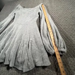 Luxxel Womens Large Gray Textured Knit Skater Mini Dress Bishop Sleeve Lined thumbnail 9