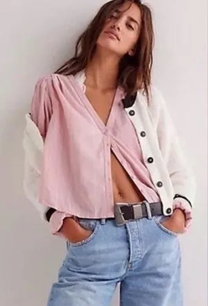 Free People‎ Farmhouse Fresh Baby Pink Slouchy Oversized Cotton Top Small NWT thumbnail 1