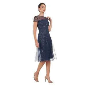 JS Collections‎ Alyssa Sequin Godet Cocktail Dress Navy 6 thumbnail 3