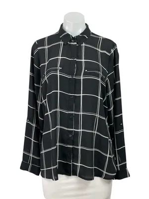 Apt. 9 Women's Black Checkered Plaid Long Sleeve Pockets Button Down Shirt Top L thumbnail 1