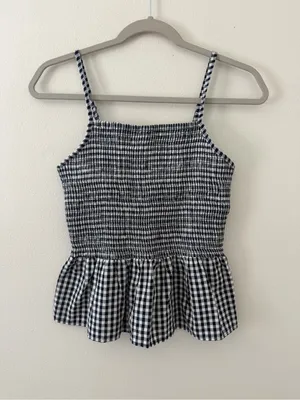 ANGIE Gingham Romantic Summer Cotton Smocked Peplum Tank Top size medium thumbnail 2