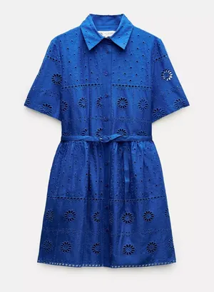 Zara Cobalt Eyelet Shirt Dress with Tie Belt thumbnail 1