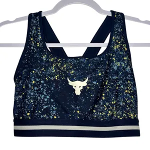 Under Armour Project Rock‎ Sports Bra Navy Paint Splatter Brahma Bull Large LG thumbnail 1