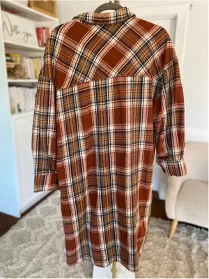 Brown Plaid Button Up Shacket Dress Oversized Cozy Fall Flannel Parisian Country thumbnail 3