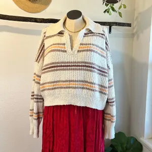 Free People Kennedy Striped Collared Cropped Chunky Knit Sweater Size Large thumbnail 2