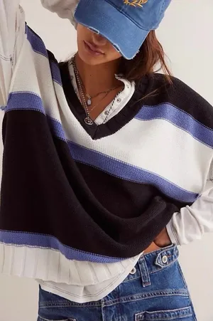 Free People We The Free Tommy Sweater Vest Womens Black Blue Striped V-Neck Knit thumbnail 1
