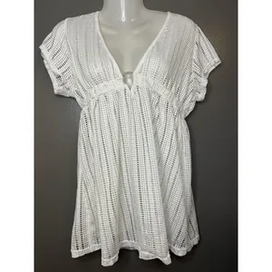 Waves To Coast Cover Up Womens Large White Crochet Mesh V Neck Beach Tunic Swim thumbnail 2