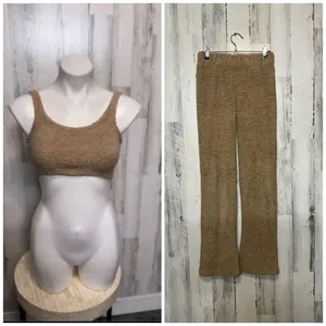 If It Were Me Teddy Lounge Set XS | Fuzzy Bralette & Wide Leg Pants | Cozy Tan T thumbnail 2