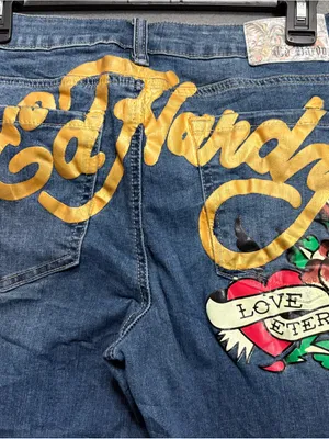 Ed Hardy Blue Flare Jeans with Colorful 'True Love' Embroidery 30 Y2K Grunge thumbnail 4