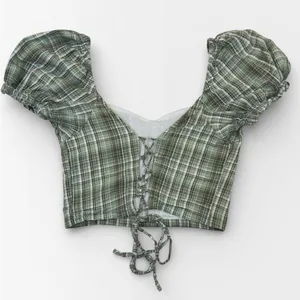 Dizzy Lizzy Green Plaid Milkmaid Corset Puff Sleeve Crop Top Medium thumbnail 3