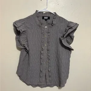 DKNY Black White Gingham Ruffle Flutter Sleeve Blouse Size L thumbnail 2