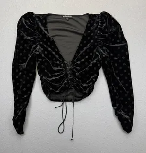 For Love & Lemons Black Velvet Polka Dot Ruched Lace Up Crop‎ Top CT1539-HO19 S thumbnail 1