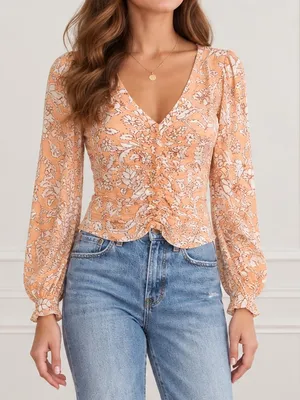 NWT Free People Say The Word Tee XS Blood Orange Floral Ruched Long Sleeve Top thumbnail 1