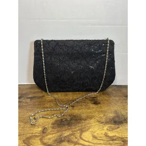 Vintage Black Floral Lace Glitter Evening Bag Gold Tone Chain Strap Formal Purse thumbnail 3