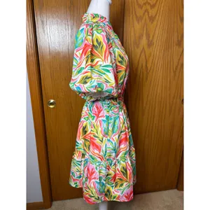 THML Tropical Leaf Print Smocked Waist Puff Sleeve Tiered Mini Dress Small thumbnail 5