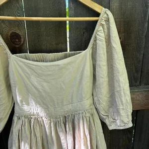 Mable Linen Blend Beige Londyn 3/4 Puff Sleeve Open Back Mini Dress Small thumbnail 4