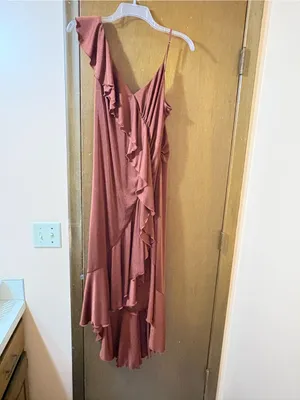 Anthropologie One-Shoulder Ruffled High-Low Midi Dress in Brown thumbnail 4