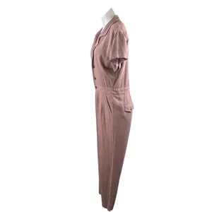 Free People Margot Pink Linen Short Sleeve Button Straight Leg Romper Jumpsuit M thumbnail 3