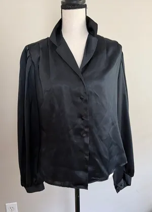 Vintage black satin long-sleeve button-up blouse with a fold-over collar size sm thumbnail 1