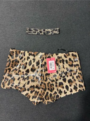 Edikted Gold and Black Leopard Sequin mini shorts with Matching Headband thumbnail 4