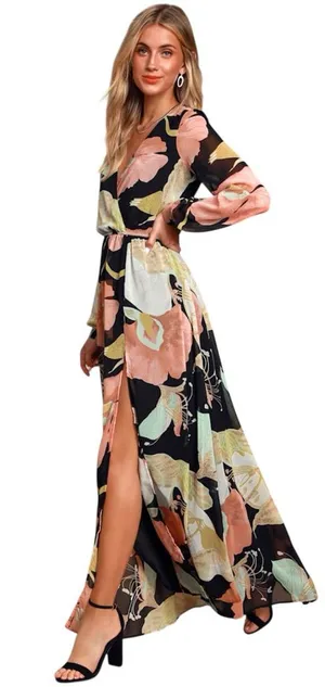 Lulus Wondrous Water Lilies Black Floral Print Maxi Dress Size M thumbnail 1