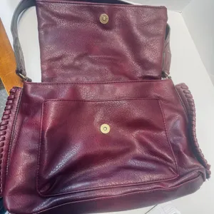 Burgundy Vegan‎ Leather shoulder bag woven flap purse slouchy hobo whipstitch thumbnail 7