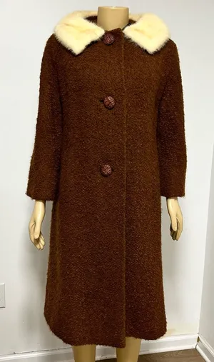 Vintage Lowenstein's Memphis Wool Boucle Mink Fur‎ Collar Coat Brown ILGWU Tag thumbnail 1