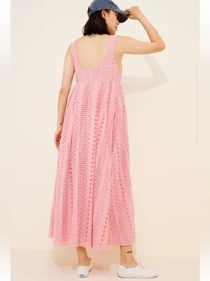 Maison Amory Maternity Sleeveless Eyelet Maxi Dress Pink Cotton Crocheted Sz S thumbnail 2