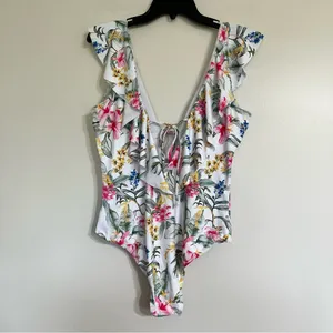 One Piece‎ Floral Swimsuit V-Neck Ruffle Tie Back Size Large NWT thumbnail 3