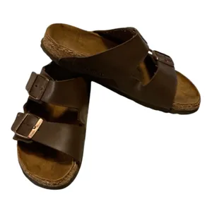 Birkenstock Arizona Mocha Brown Two-Strap Slide Sandals Cork Footbed thumbnail 1