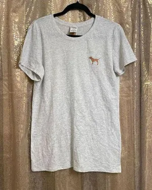 PINK Victorias Secret Rosegold Gray Glitter Logo T-Shirt, M NWT thumbnail 1