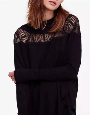 Free People Spring Valley Lace-Trim Top in Black thumbnail 1