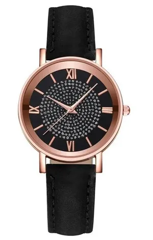 Boutique NEW Women's Crystal Accent Rose Gold Watch with Black Leather Strap thumbnail 1